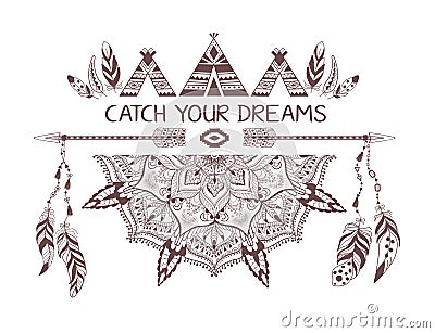 Hand drawn boho style design with mandala, arrow and feathers. Vector Illustration