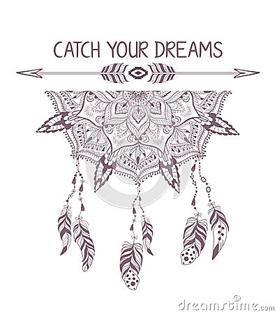 Hand drawn boho style design with mandala, arrow and feathers. Vector Illustration