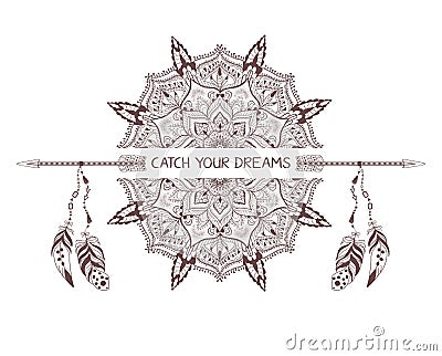 Hand drawn boho style design with mandala, arrow and feathers. Vector Illustration