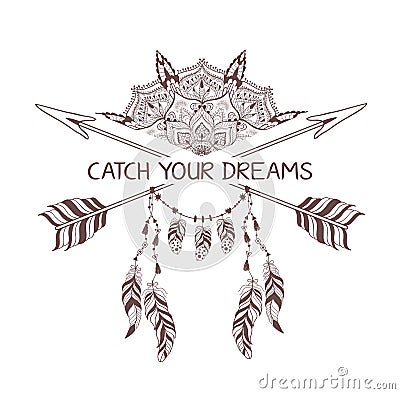 Hand drawn boho style design with mandala, arrow and feathers. Vector Illustration