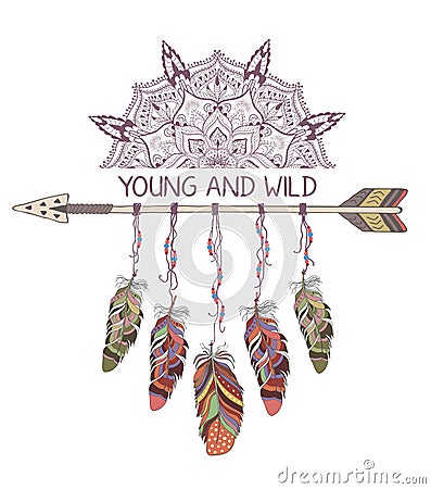 Hand drawn boho style design with mandala, arrow and feathers. Vector Illustration