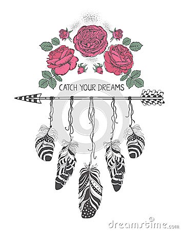 Hand drawn boho style design with rose flower, arrow and feathers. Hippie fashion decoration for t-shirt or tattoo. Vector Illustration