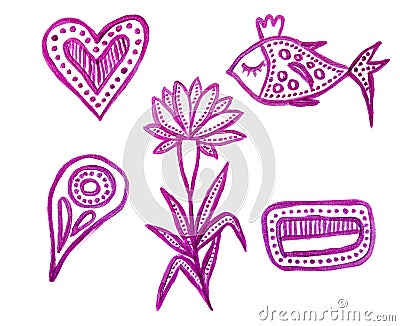 Hand drawn boho yoga set. Ornamental illustration. Purple zentangle elements. Heart, fish,flower,abstract shapes. Isolated on Cartoon Illustration