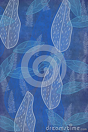 Hand drawn bokeh fern and plant art dyed grunge background with Japanese ink antiqued style background in blue jean and indigo Stock Photo