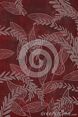 Hand drawn bokeh fern and plant art dyed grunge background with Japanese ink antiqued style background in dark red brown Stock Photo