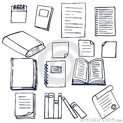 Hand drawn book, documents, notebook and sheets of paper Vector Illustration