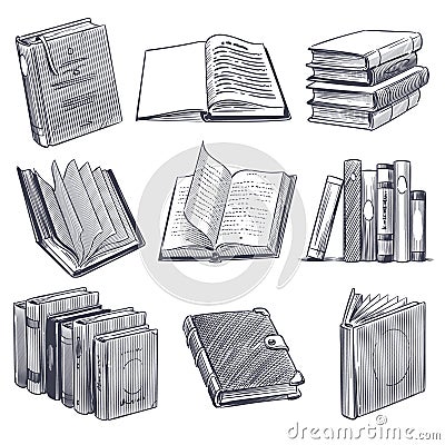 Hand drawn book. Retro sketch engraving monochrome notebooks. Library and bookstore elements, pile of old books vector Vector Illustration