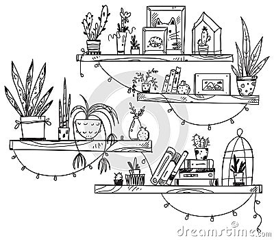 Hand drawn bookshelves with books, houseplants and little souvenirs. A cosy place Vector Illustration