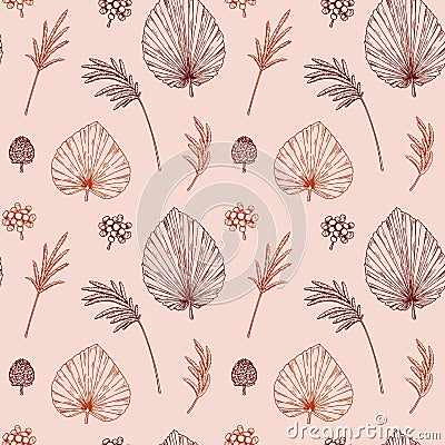 Hand drawn botany seamless pattern with dried palm leaves and pampas grass. Vector illustration in sketch style. Modern floral Vector Illustration