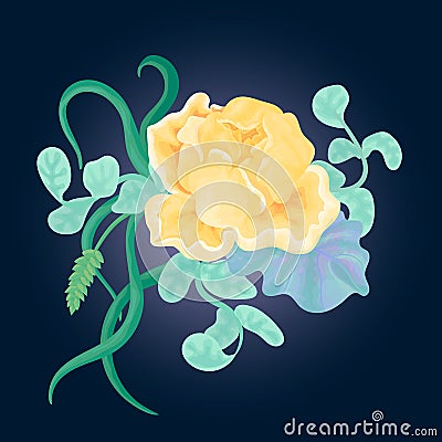 Hand drawn bouquet with pion-shaped rose, cabbage leaf, spikelet and mint colour graves Stock Photo