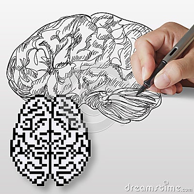 Hand drawn brain and pixel brain icon Stock Photo