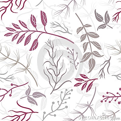 Hand drawn branch elements seamless pattern, cute sketch floral background in purple, violet brown, great for fashion fabric, Vector Illustration