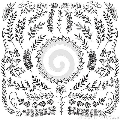 Hand drawn branches with leaves. Decorative floral wreath border frames. Rustic doodle vector set Vector Illustration