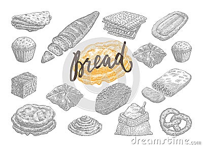 Hand Drawn Bread And Pastries Set Vector Illustration