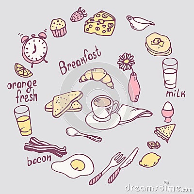 Hand drawn breakfast item set. Cute food illustration in vector Vector Illustration