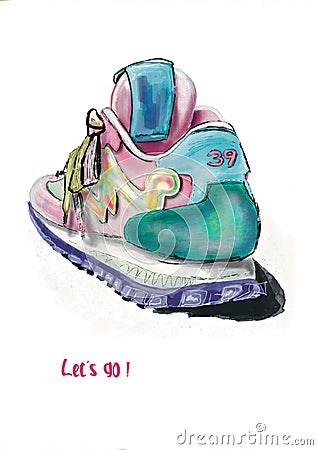 Hand-drawn bright colorful stylized fashion illustration of imaginery sport footwear - an abstract sneaker Cartoon Illustration