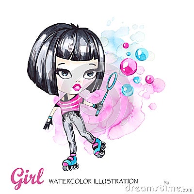 Hand drawn bright illustration. Watercolor card roller girl with bubbles. Teenagers. Have fun. Cartoon Illustration