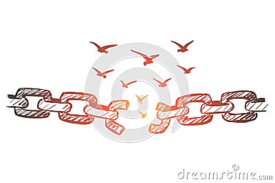 Hand drawn broken chain and flock of birds over it Vector Illustration