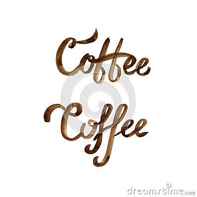 Hand drawn brown coffee lettering logo on white background. Stock Photo