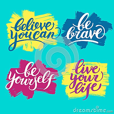 Hand drawn brush lettering with motivation phrases. Stock Photo
