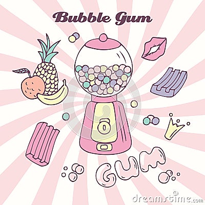Hand drawn bubble gum machine with gumballs, bubblegum and handwritten sign. Candy color background Vector Illustration