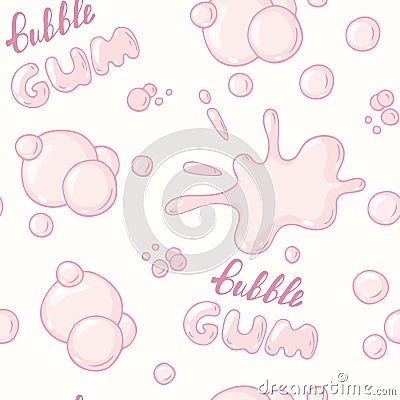 Hand drawn bubblegum seamless pattern. Bubble gum handwritten sign. Pink background Vector Illustration