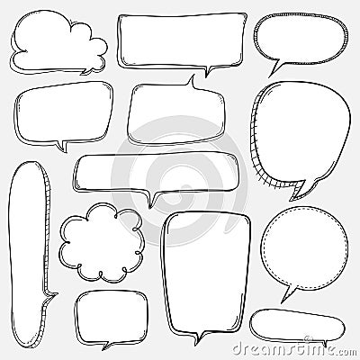 Hand Drawn Bubbles Set. Doodle Style Comic Balloon, Cloud Shaped Design Elements. Vector Illustration