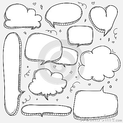 Hand Drawn Bubbles Set. Doodle Style Comic Balloon, Cloud Shaped Design Elements. Vector Illustration