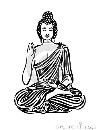 Hand drawn Buddha modern outline sketch. Vector black ink drawing statue isolated on white background. Graphic illustration Vector Illustration