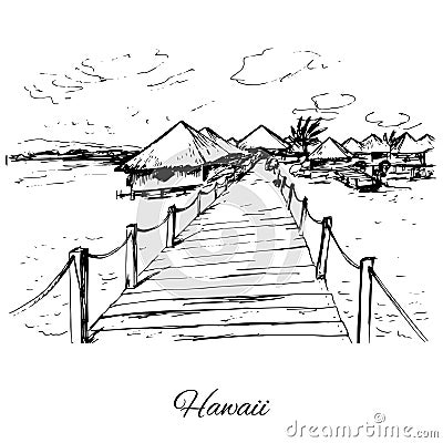 Hand drawn bungalows on Hawaii island Vector Illustration