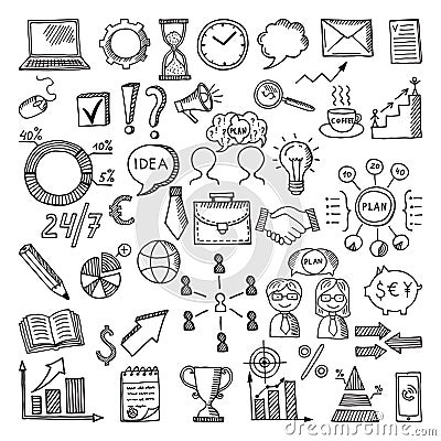 Hand drawn business icon set. Vector doodles illustrations isolate on white background Vector Illustration