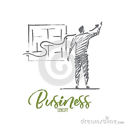 Hand drawn businessman drawing growth indicator Vector Illustration