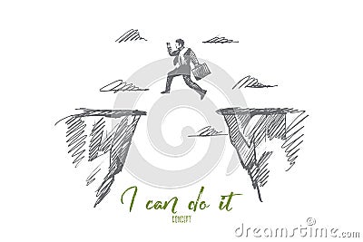 Hand drawn businessman jumping between rocks Vector Illustration