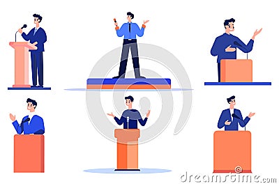 Hand Drawn Businessman speaking on the podium in flat style Vector Illustration