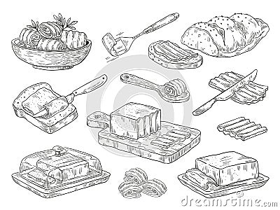 Hand drawn butter. Sketch breakfast culinary ingredient, drawn compositions with bread and butter. Vector doodle set Vector Illustration