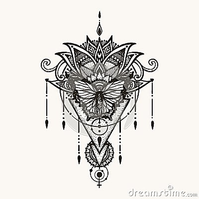 Hand drawn butterfly on boho flowers with geometric symbol of female and astrology for woman back tattoo, T-Shirt design and other Vector Illustration