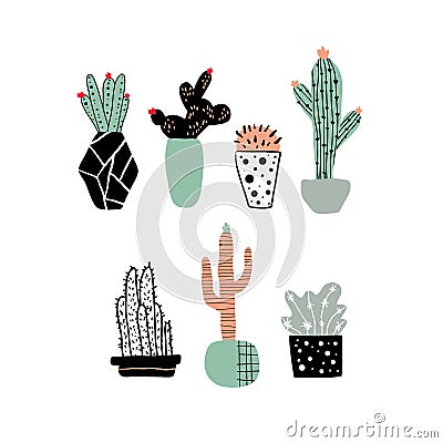 Hand drawn cacti set. Cute cartoon cactus in pots scandinavian style, childish print vector illustration Vector Illustration
