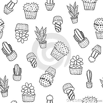 Hand drawn cactus and succulent seamless pattern, vector Vector Illustration
