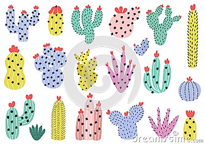 Hand drawn cactuses set. Cute cacti collection in Scandinavian style Vector Illustration