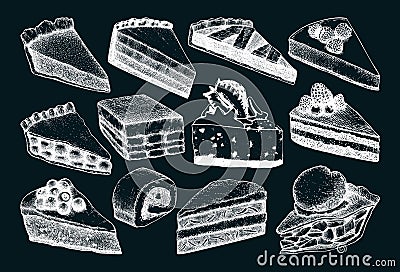 Hand-drawn cake slices illustration isolated on chalkboard. Vector desserts sketches in engraved style for bakery, cafe menu, Vector Illustration