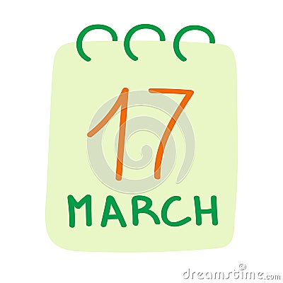 Hand drawn calendar with 17 of march. St.Patricks Day simple clipart. For print, web, booklets, template and other. Vector Illustration
