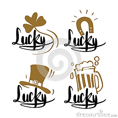 Hand drawn Caligraphy about lucky, horseshoe, clover leaves, Vector Illustration