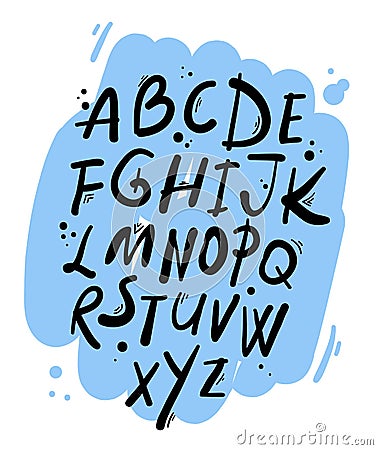 Hand drawn calligraphic font. Vector latin rustic alphabet painted by brush on blue. Cartoon doodle dots and stripes for Vector Illustration