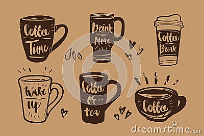 Hand drawn Calligraphy in coffee label set. Coffee time, drink Cartoon Illustration
