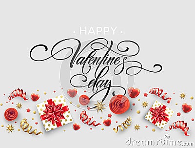 Hand drawn calligraphy lettering Happy Valentine Day. Color gift box, bows and ribbons. Vector illustration Vector Illustration