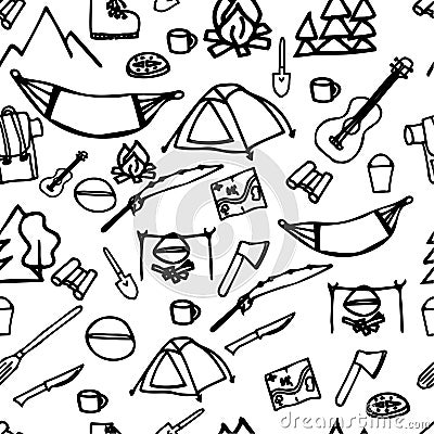 Hand drawn camping and hiking elements, isolated on white background. Cute background full of icons perfect for summer camp flyers Stock Photo