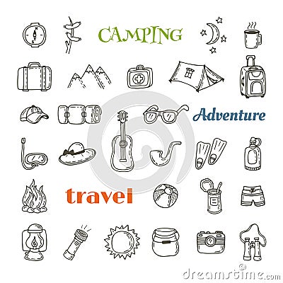 Hand drawn camping icon set. Collection of camping and hiking equipment symbols Vector Illustration