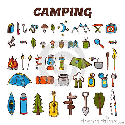 Hand drawn camping icon set in color. Collection of camping and Vector Illustration