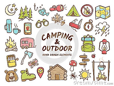 Hand drawn camping and outdoor recreation elements Vector Illustration