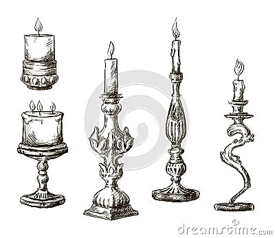 Hand drawn candles. Retro candlesticks. Vector Illustration